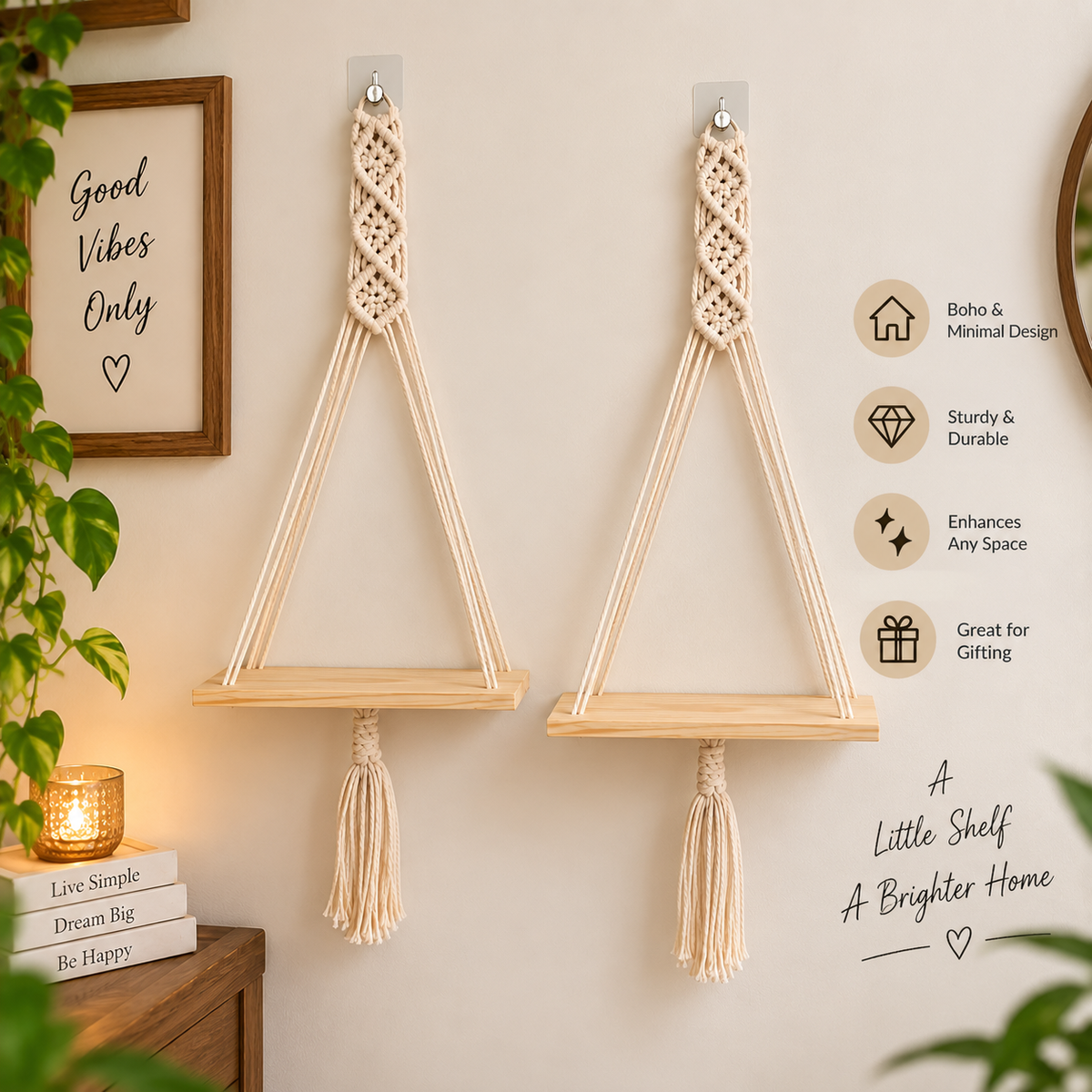Macrame Hanging Wall Shelf – Boho Wall Decor & Plant Holder
