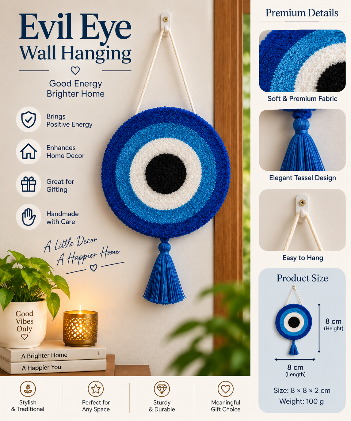 Blue & White Evil Eye Wall Hanging – Handmade Wall Decor