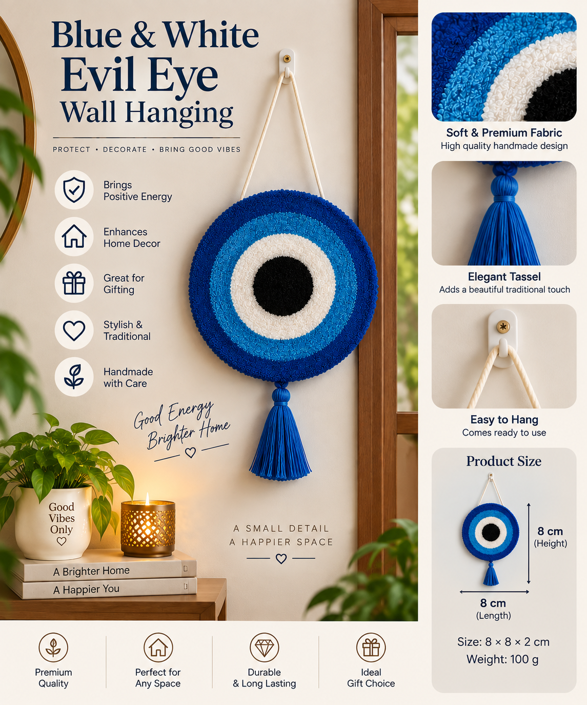 Blue & White Evil Eye Wall Hanging – Handmade Wall Decor