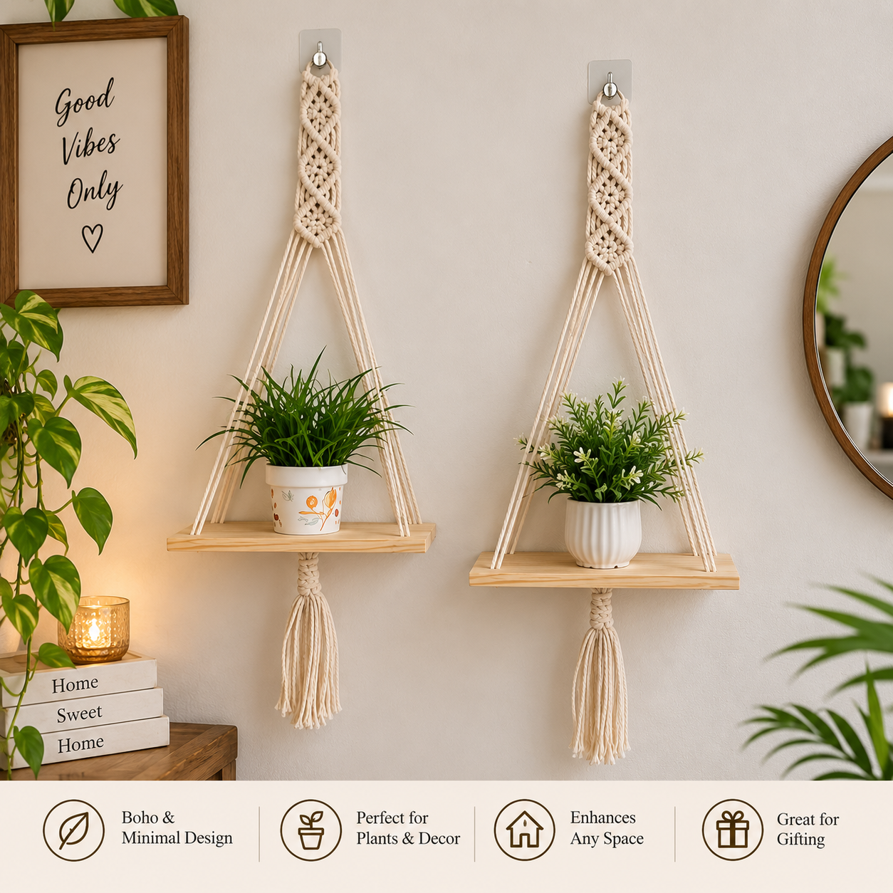 Macrame Hanging Wall Shelf – Minimal Boho Decor